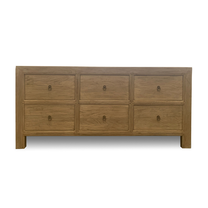 Wooden chest of drawers with six drawers on a white background