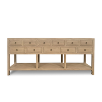 Wooden console table with multiple drawers on a white background