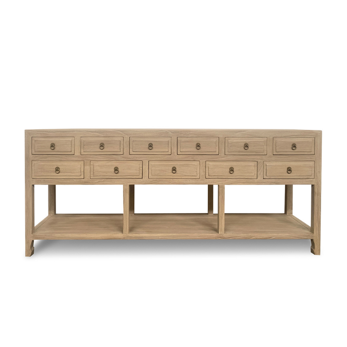 Wooden console table with multiple drawers on a white background