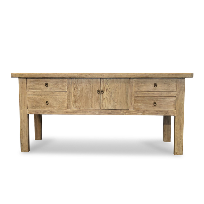 Wooden console table with four drawers on a white background