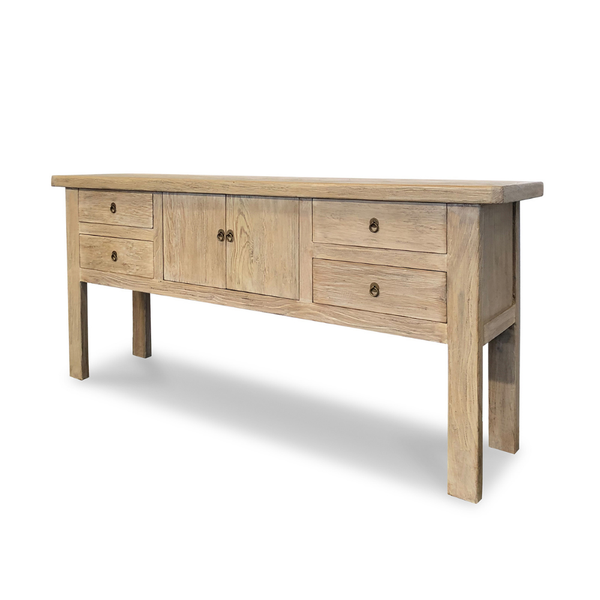 Wooden console with drawers and doors on a white background
