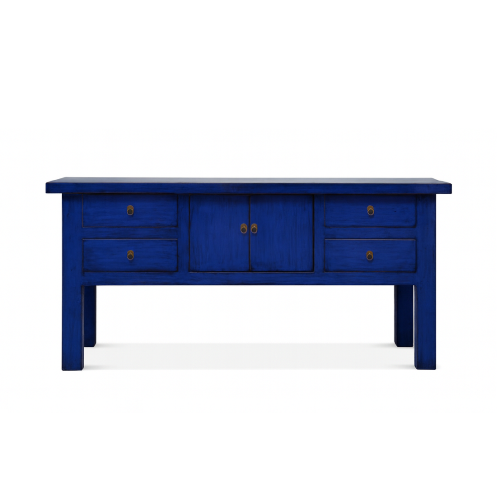 Blue wooden console table with drawers on a white background
