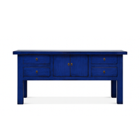 Blue wooden console table with drawers on a white background