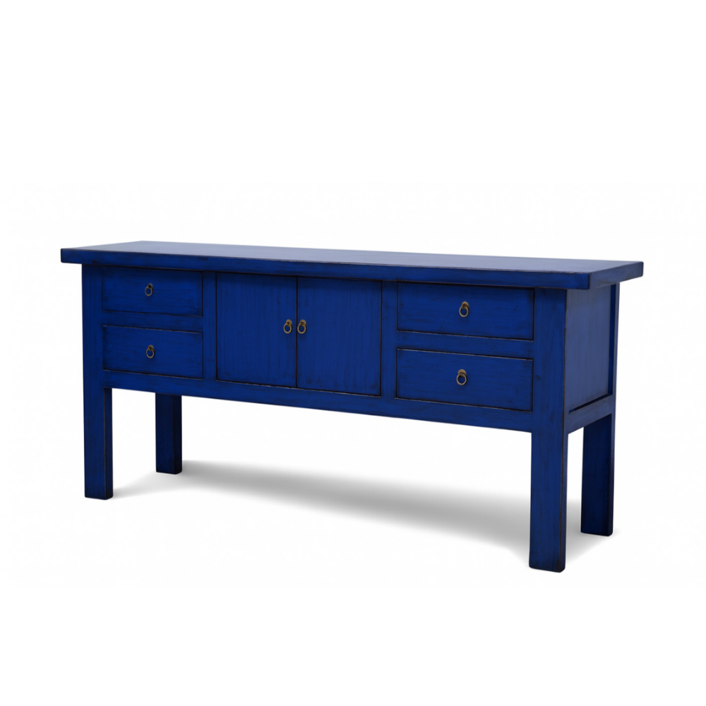 Blue wooden console table with drawers on a white background