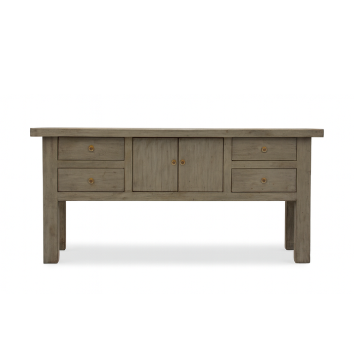 Wooden console table with drawers and doors on a white background