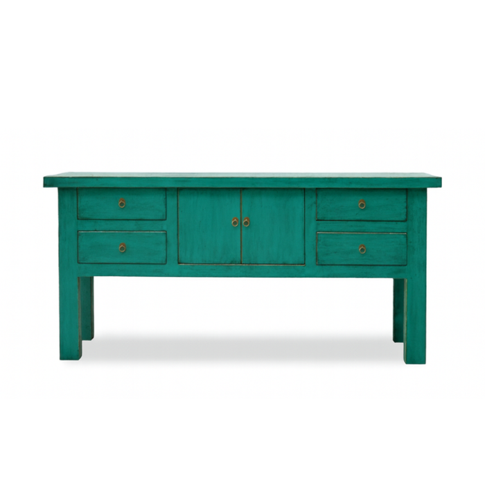 Teal wooden console table with drawers and a door on a white background