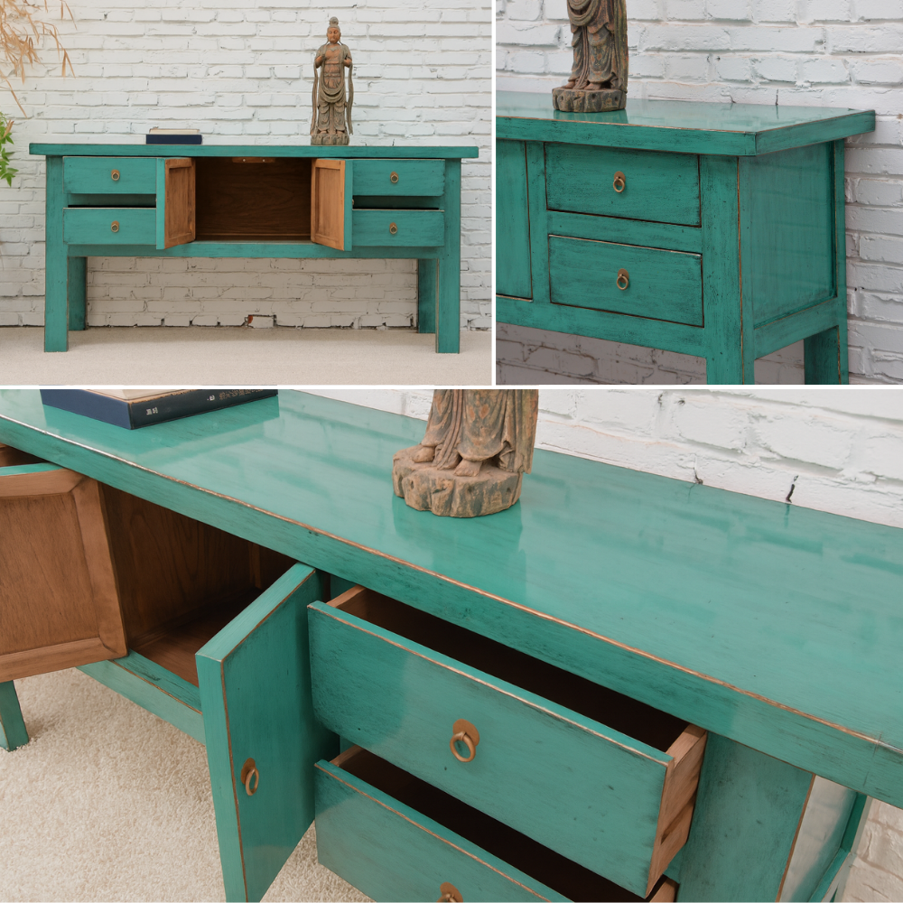 Collage of a teal wooden desk with open drawers against a white brick wall.