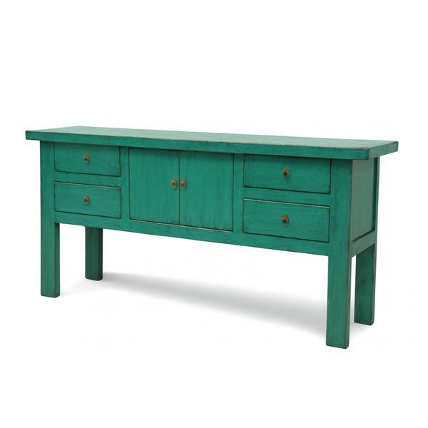 Green wooden console table with four drawers on a white background