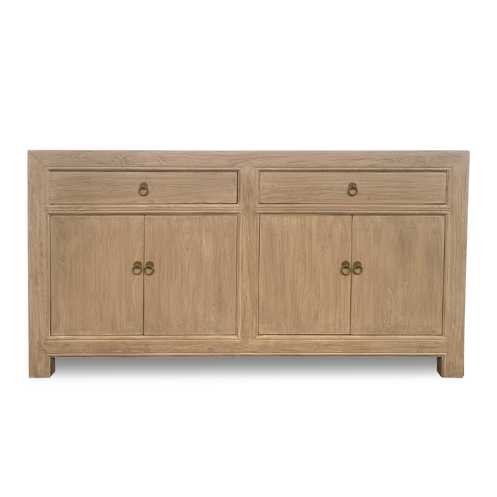 Wooden sideboard with two drawers and four doors on a white background