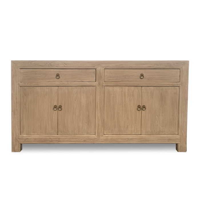 Wooden sideboard with two drawers and four doors on a white background