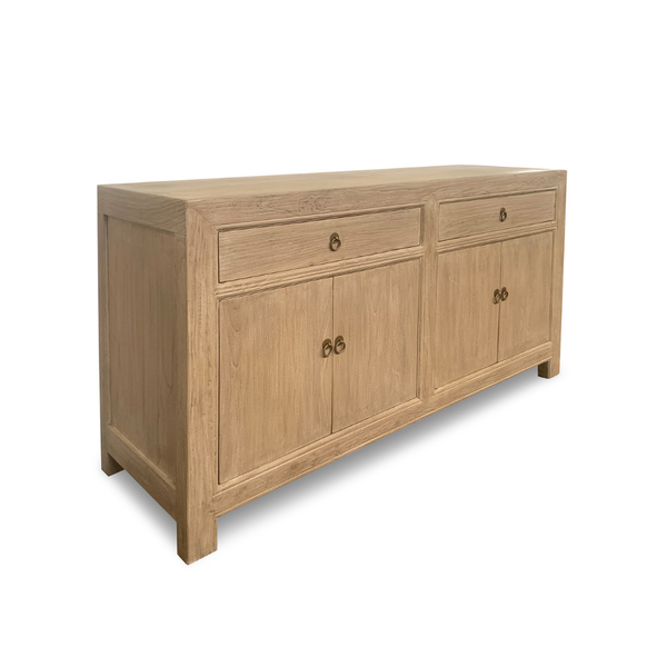 Wooden sideboard with drawers and doors on a white background
