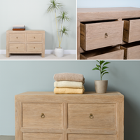Collage of wooden dressers with towels and a plant on a light blue wall.