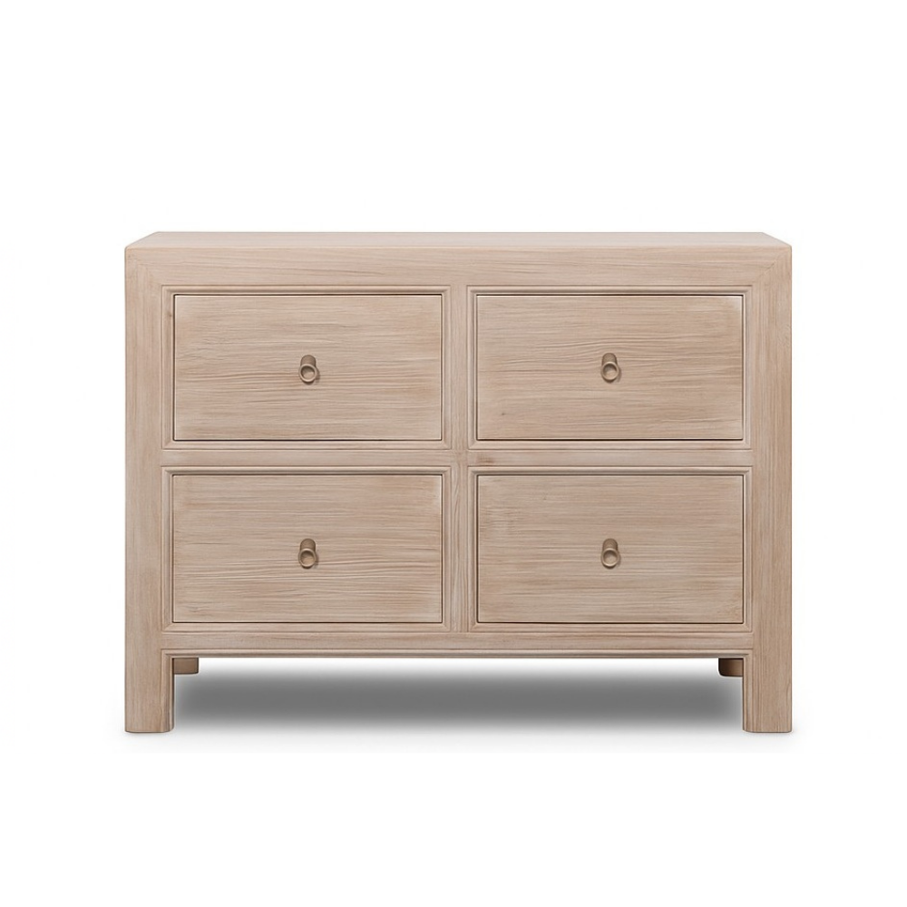 Beige wooden chest of drawers with four drawers on a white background