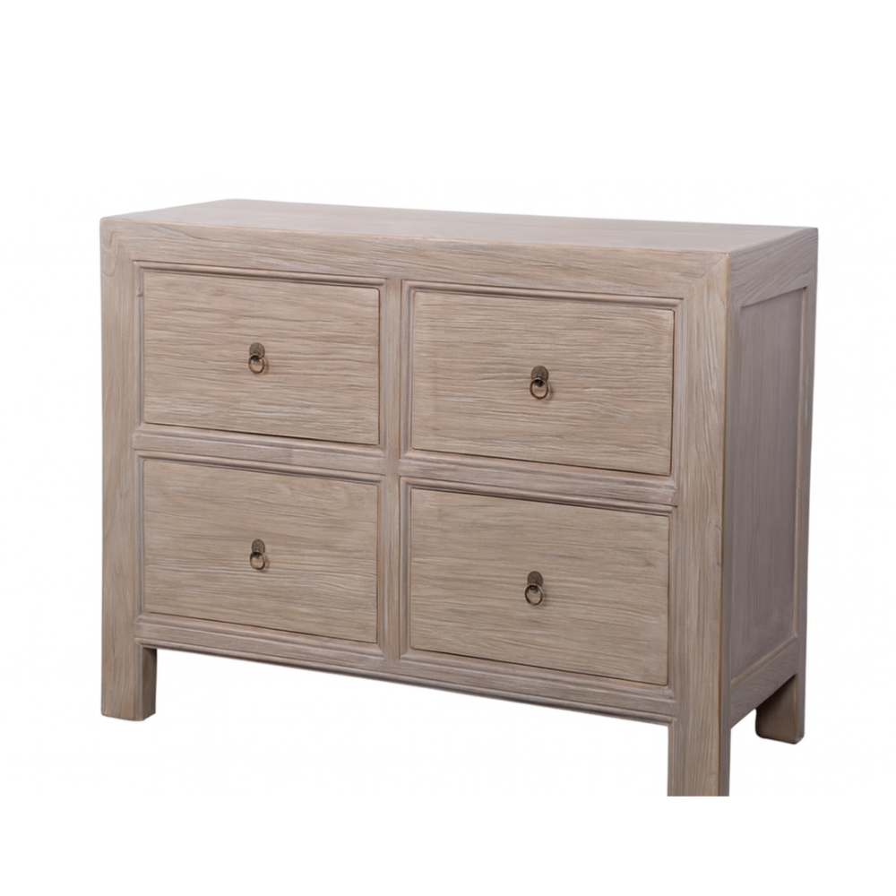 Wooden dresser with four drawers on a white background
