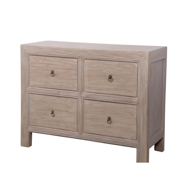 Wooden dresser with four drawers on a white background