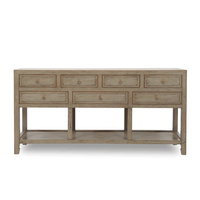 Wooden console table with multiple drawers on a white background