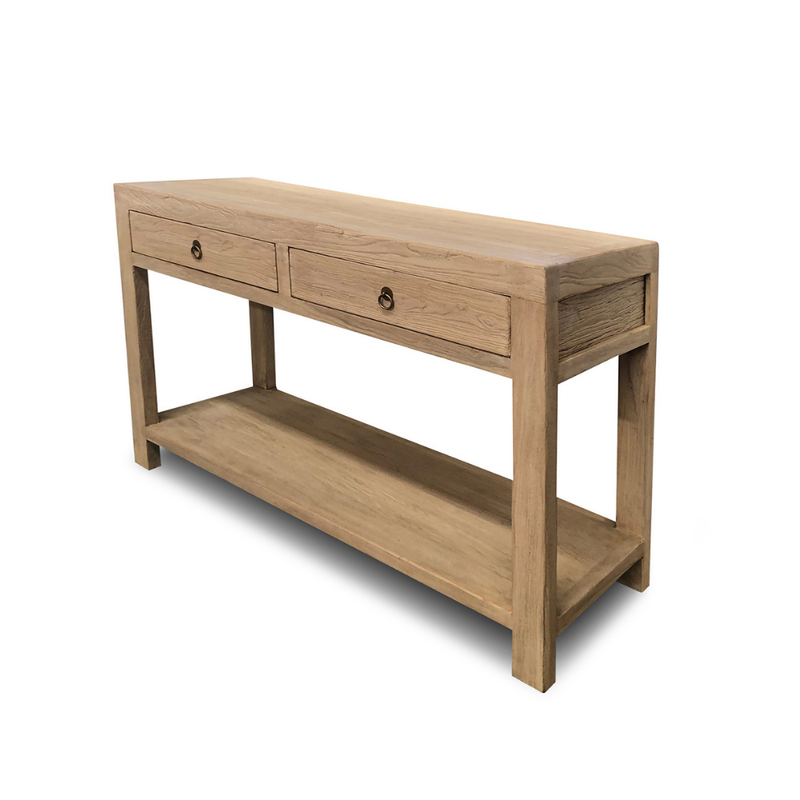 Wooden console table with two drawers on a white background
