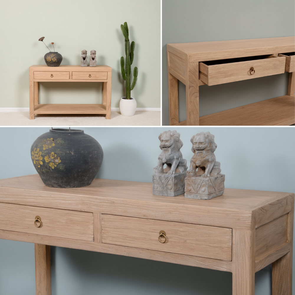 Collage of a wooden console table with decorative items on a light blue background.