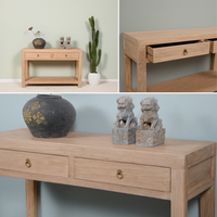 Collage of a wooden console table with decorative items on a light blue background.