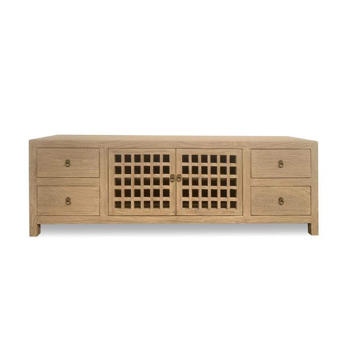 Wooden cabinet with lattice design on a white background