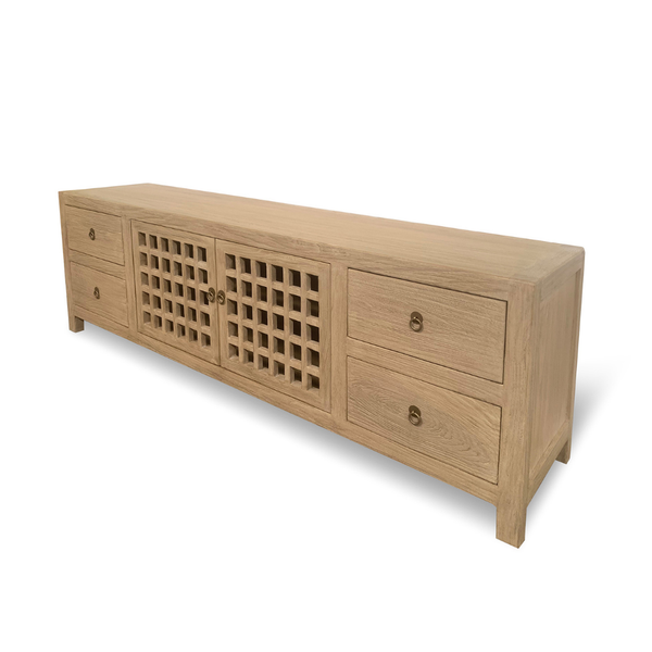 Wooden cabinet with lattice design on a white background