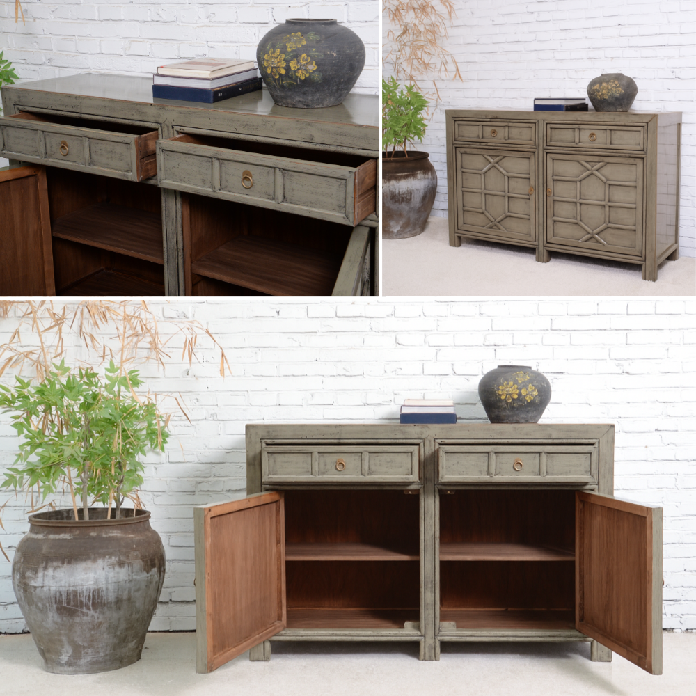 Collage of a wooden sideboard with open and closed doors, placed against a white brick wall.
