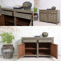 Collage of a wooden sideboard with open and closed doors, placed against a white brick wall.