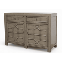Wooden sideboard with geometric design on a white background