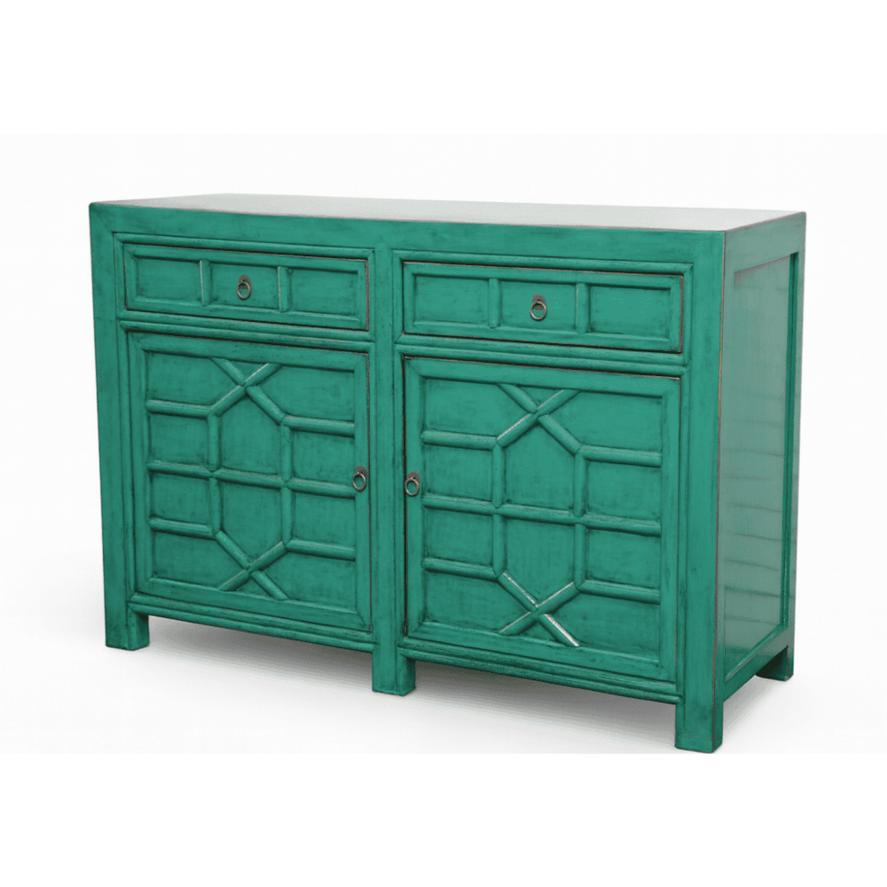 Teal sideboard with geometric design on a white background