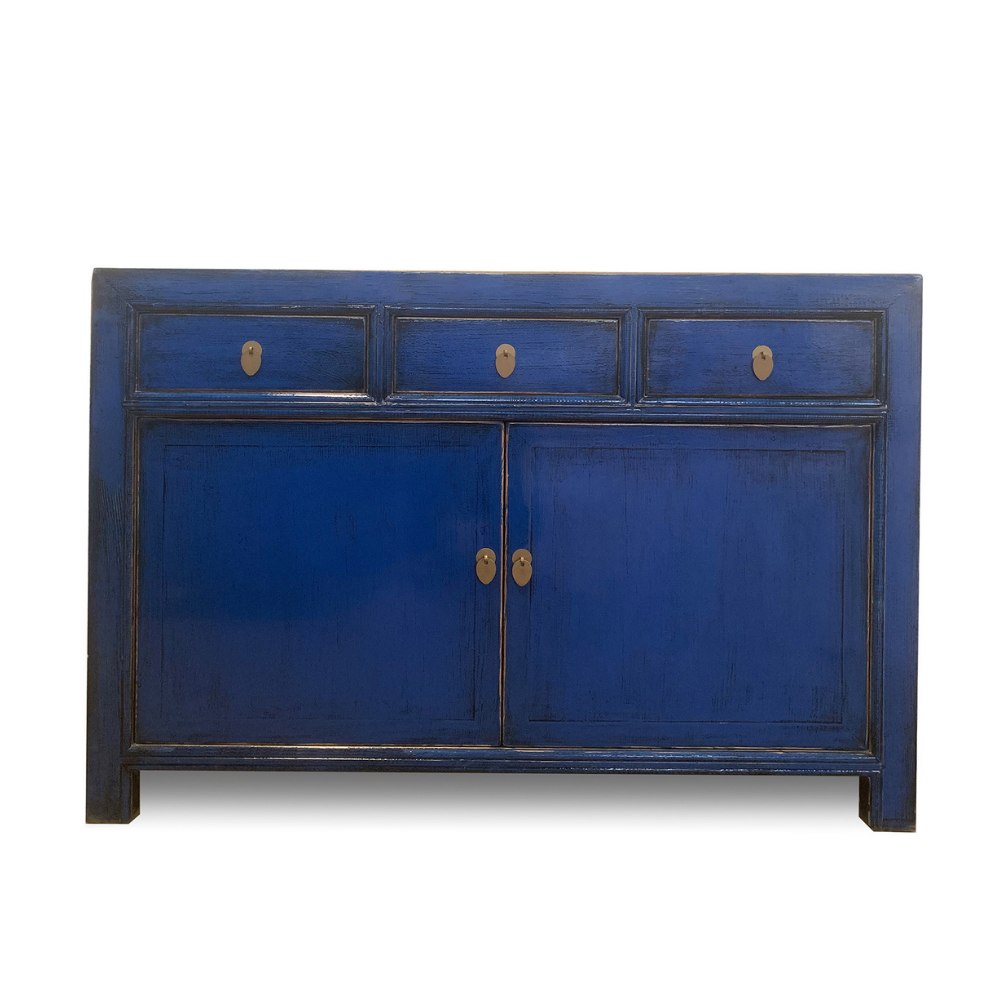 Blue wooden sideboard with two doors and three drawers on a white background