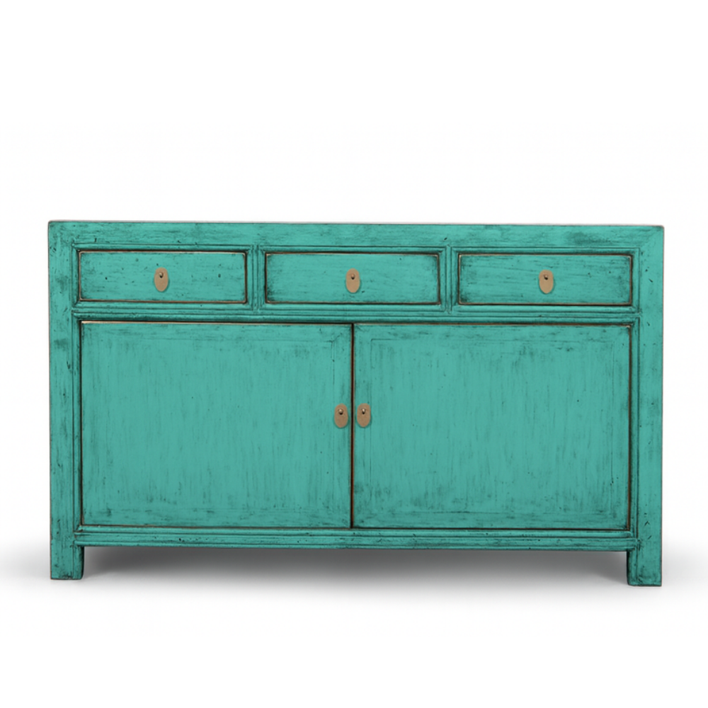 Teal wooden sideboard with drawers and doors on a white background