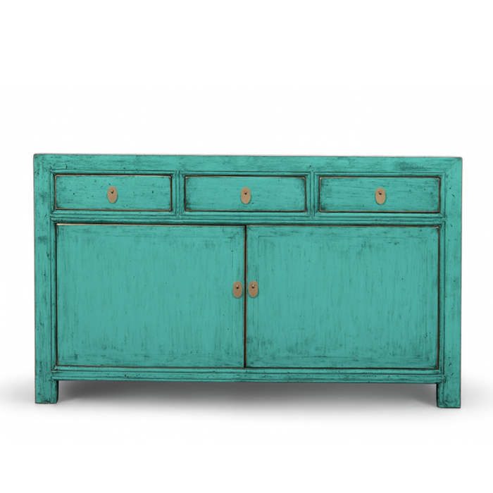Teal wooden sideboard with drawers and doors on a white background