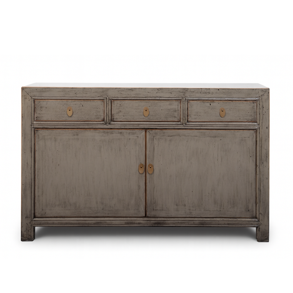 Wooden sideboard with a distressed finish on a white background