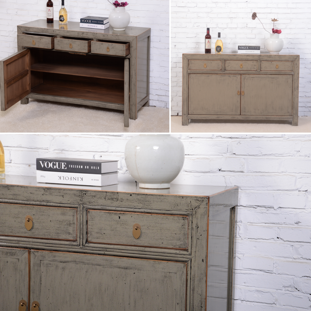 Collage of a wooden sideboard with open and closed doors against a white brick wall.