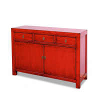 Red wooden sideboard with two doors and three drawers on a white background