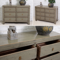 Collage of a wooden dresser with decorative items on top against a white brick wall.