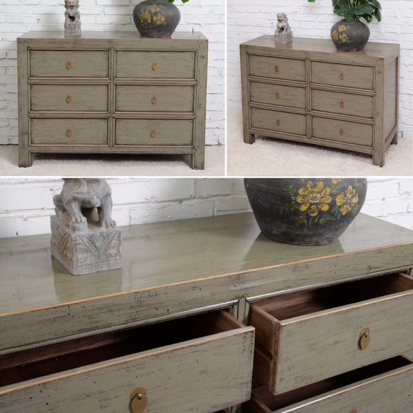 Collage of a wooden dresser with decorative items on top against a white brick wall.