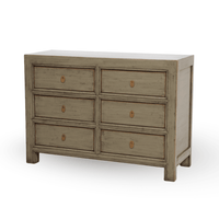 Wooden dresser with six drawers on a white background
