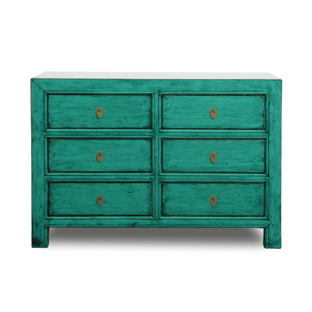 Green dresser with six drawers on a white background