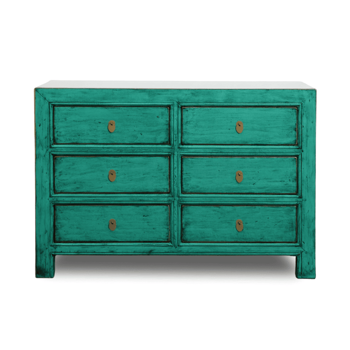 Green dresser with six drawers on a white background