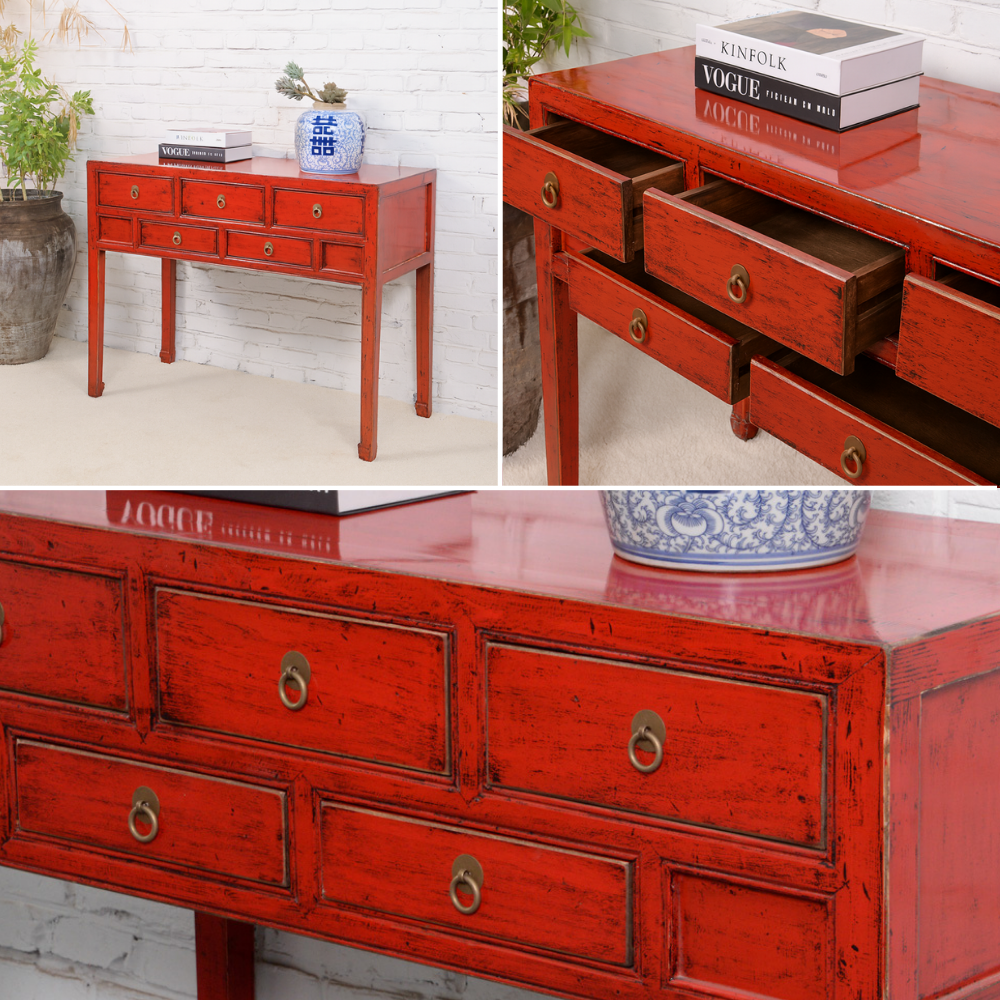 Collage of a red wooden console table with multiple drawers, placed against a white brick wall.