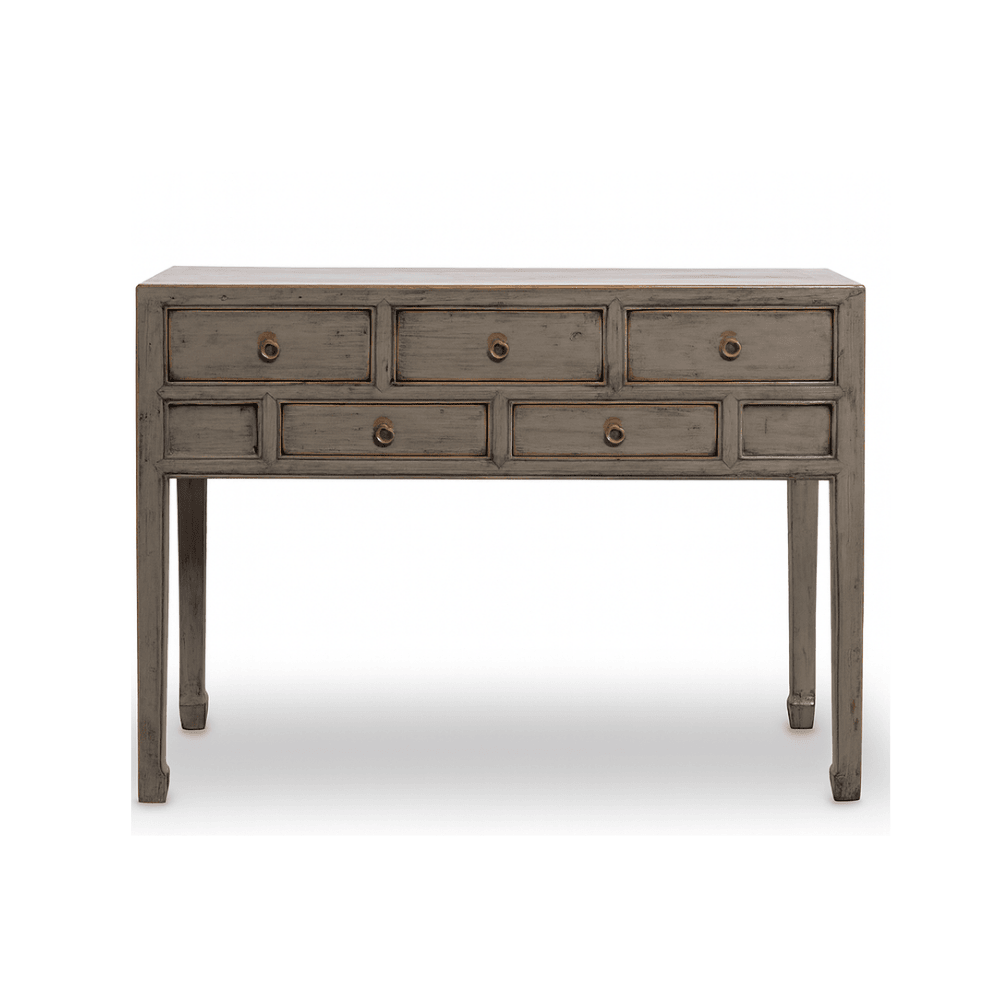 Wooden console table with multiple drawers on a white background