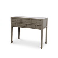 Wooden console table with multiple drawers on a white background