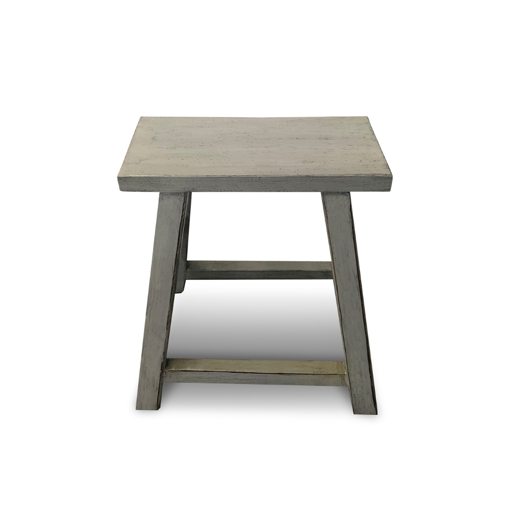 Small wooden side table with a grayish-brown finish on a white background